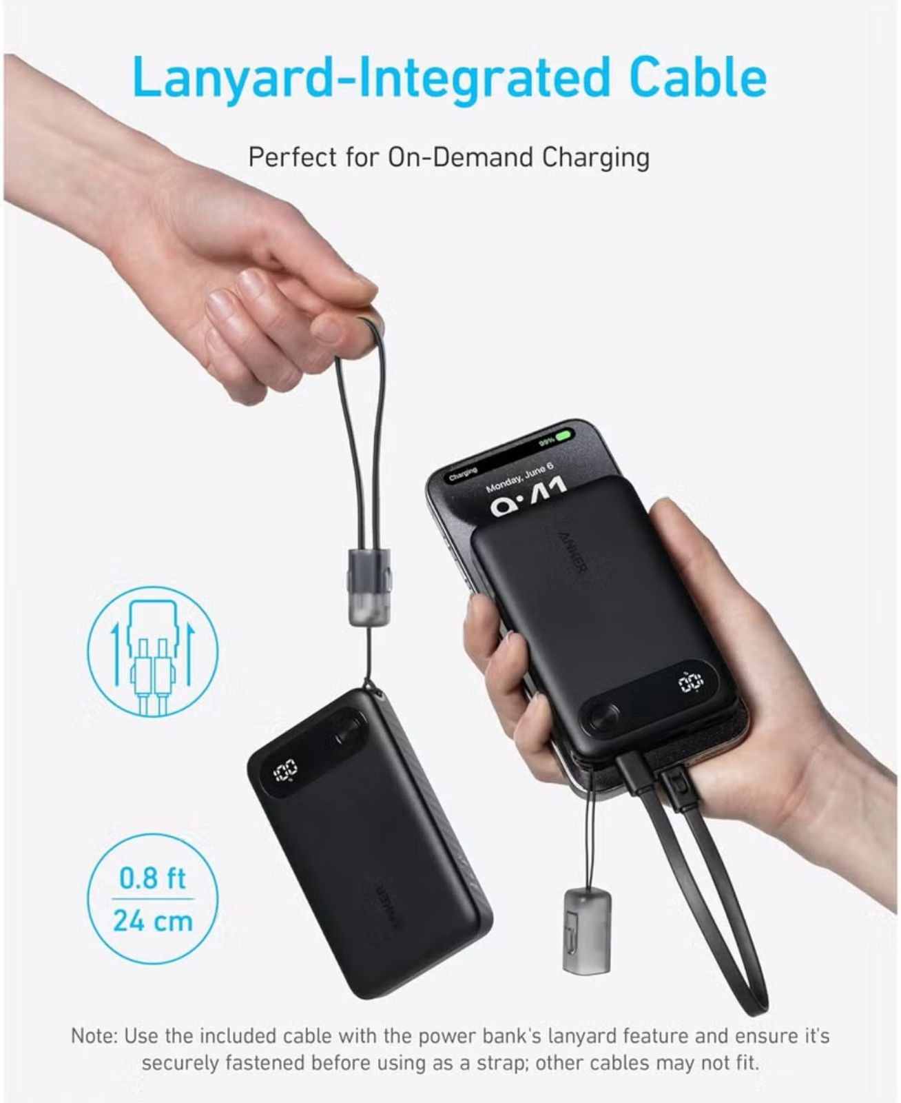 باور بانك باور كور 22.5 وات شاحن محمول مع كابل USB C وحبل تثبيت